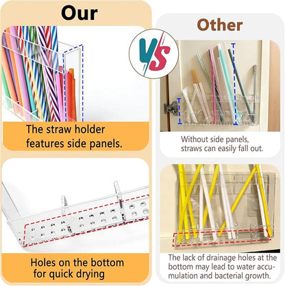 NTIERA 9.5" Large Acrylic Straw Holder for Cabinet Door-Reusable Tumbler Straw Organizer Storage,Small Kitchen Organizers and Storage Accessories Container, Ultra Sticky Cupboard Door Mounted(Black)