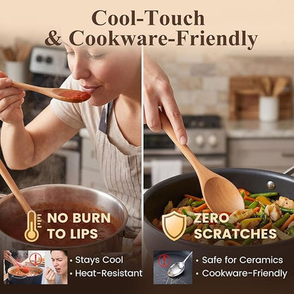 HAKSEN 6PCS Wooden Spoon Set, Oval Wooden Mixing Spoons Long Handle Spoons Nonstick Japanese Style Kitchen Utensils for Home Kitchen Cooking Stirring