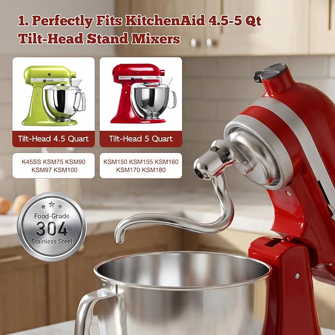 Stainless Steel Spiral Dough Hook Replacement Compatible with KitchenAid 4.5-5 Qt Tilt-Head Stand Mixers, Mixer Attachment for Bread, Pizza & Pastry, Rustproof & 25% Faster Kneading