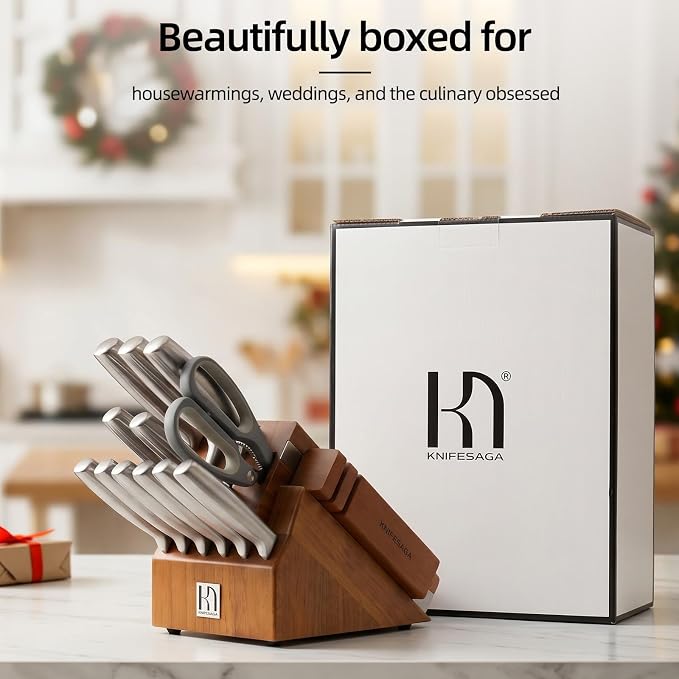 KnifeSaga Kitchen Knife Set with Block and Detachable 2-Stage Sharpener | 14-Piece Premium High Carbon Stainless Steel Knives with Ergonomic Anti-Slip Handle, Rubberwood Knife Block