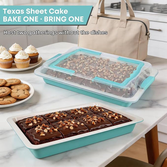 Sheet Cake Pan with Lid Set of 2, 15"×10"×2" Deep Jelly Roll Pan, Non-Stick Ceramic Coating Baking Pan, Oven Safe 450°F, PFOA Free, Teal — Bake, Snap & Carry for Parties & Potlucks