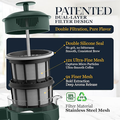 ESPRO Light P3 French Press Coffee Maker – Patented Double Micro-Filter for Grit-Free Brew, Heat Resistant thicker Borosilicate Glass Coffee press – (Green - 32 oz)