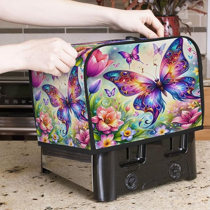 Spring Butterfly Flower Toaster Cover 4 Slice Wide Slot Washable Kitchen Appliance Covers Fingerprint Bread Machine Dust Cover Small Toaster Oven Accessories Covers Bread Maker Bag Women Gift