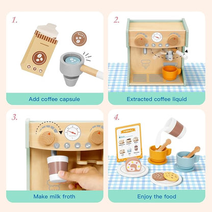 OOOK 2-in-1 Wooden Coffee Maker Set for Kids, 28Pcs Pretend Play Coffee Shop Toys with Play Kitchen Accessories & Food Toys, Birthday Gift for Girls Boys Age 3+