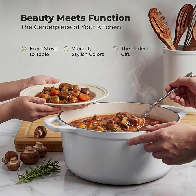 Zulay Kitchen 5 Quart Enameled Cast Iron Dutch Oven Pot with Lid – Premium Durability & Oven Safe up to 500°F – Heavy Duty Cookware Perfect for Bread Baking, Stews, Braising & Roasting – White