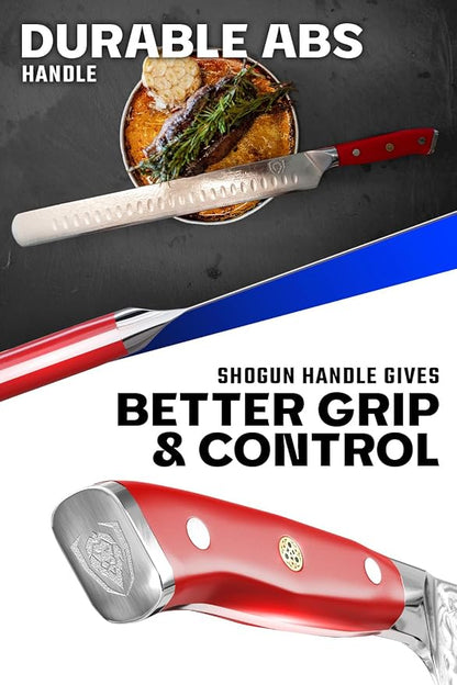 Dalstrong Slicing Carving Knife - 12 inch Granton Edge - Shogun Series - Damascus - Japanese AUS-10V Super Steel Kitchen Knife - Vacuum Treated - Crimson Red ABS Handle - Razor Sharp Knife - w/Sheath