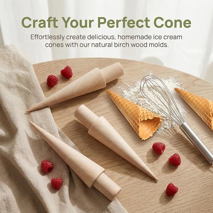 Gatuida 3-Piece Ice Cream Cone Mold Set Multi-Function Wooden Cone Roller for Waffle Cones Egg Rolls and Homemade Desserts Reusable Kitchen Baking Tool 7.08X1.57X1.57In
