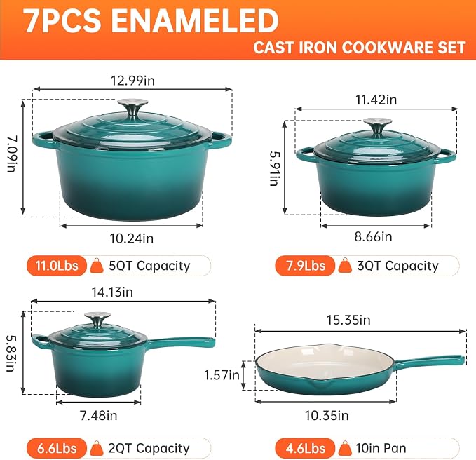 LIFERUN Nonstick Enameled Cast Iron Cookware Set, 7Pcs Pots and Pans Set, Gas/Induction Dutch Oven Set, PFOA & PFAS Free