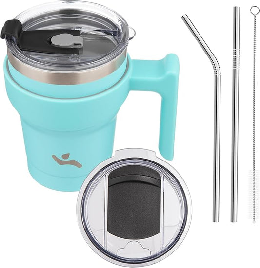 Konokyo 10 oz Tumbler with Handle and 2 Straw 2 Lid, Insulated Water Bottle Stainless Steel Vacuum Cup Reusable Travel Mug,Turquoise