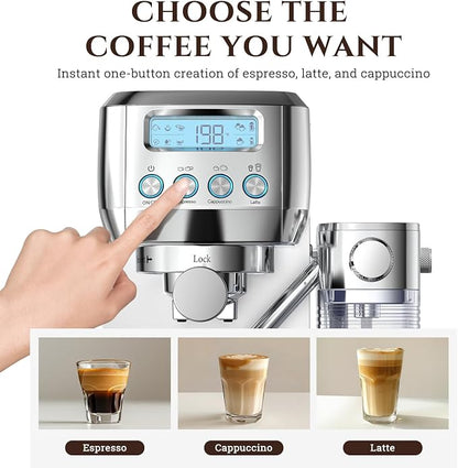 AMZCHEF Espresso Machine with Upgraded Automatic Milk Frother, 20 Bar Cappuccino Machines with LCD Display for Home Gifts, Latte Coffee Maker with Dual Wall & Filters, Sliver