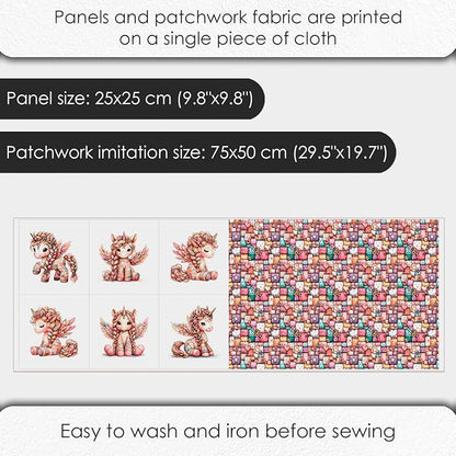 Unicorn Patchwork Cotton Fabric Panel – 6 Designs (10×10 inch Each) + Bonus Patchwork Sheet 29.5×19.6 inch, 100% Cotton 140 GSM