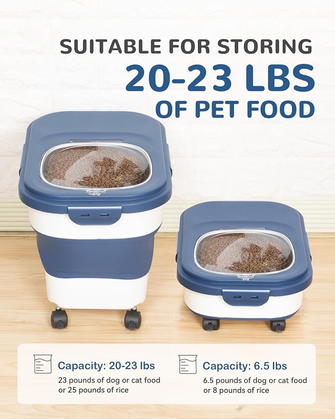 20-23 Lbs Dog Food Storage Container - Collapsible Dog Food Container with Wheels Airtight Lids, Scoop and Small Container, Pet Food Storage Dry Food For Dog, Cats and Other Pet (Blue)