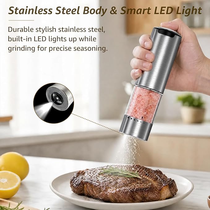 Electric Salt and Pepper Grinder Set Type-C Fast Charging, Automatic Salt and Pepper Shakers Adjustable Coarseness, Stainless Steel Rechargeable Salt and Pepper Grinder with LED Light