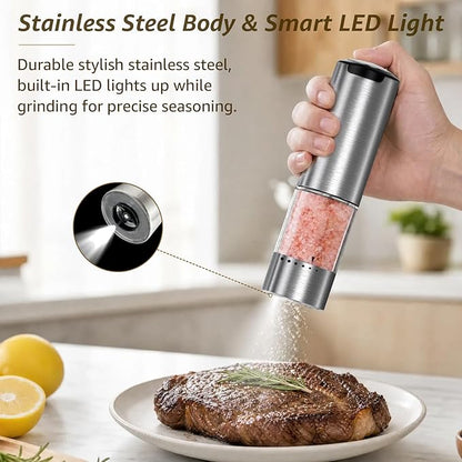 Electric Salt and Pepper Grinder Set Type-C Fast Charging, Automatic Salt and Pepper Shakers Adjustable Coarseness, Stainless Steel Rechargeable Salt and Pepper Grinder with LED Light