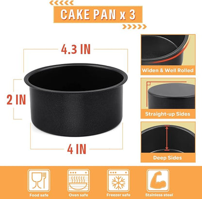 E-far 4 Inch Cake Pan Set of 3, Nonstick Stainless Steel Mini Round Cake Pans Tin, Small Size for Baking Smash Cakes/Cheesecake, Stainless Steel Core & Non-toxic Coating, Straight Side & 2 Inch Deep