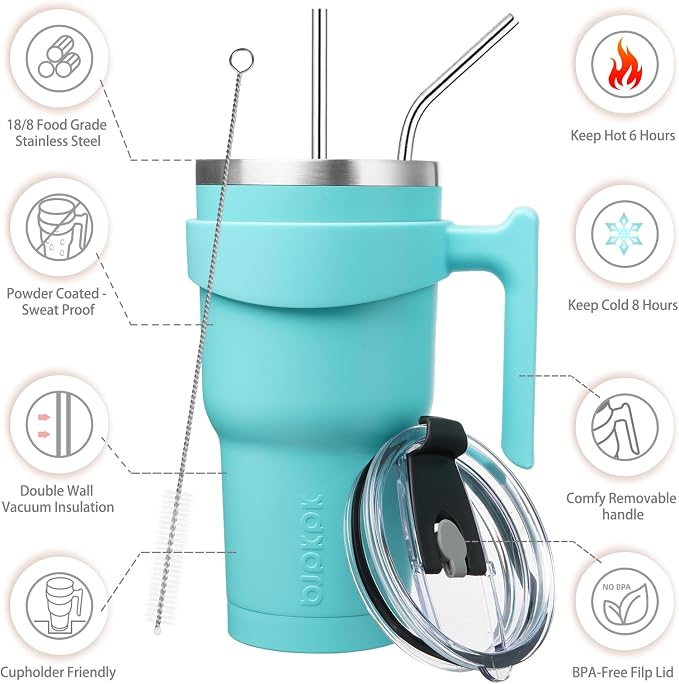 BJPKPK Tumbler With Handle 30 oz Stainless Steel Tumbler With Lid And Straw Insulated Coffee Cups,Turquoise