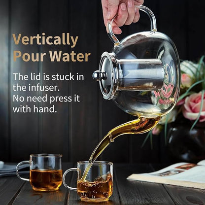 DOPUDO Glass Teapot with Infuser 60OZ (1800ml) Stovetop Safe, Clear Glass Tea Pot Kettle, Borosilicate Tea Pot with Infusers Filter for Loose Tea, Tea Kettle Dishwasher Safe