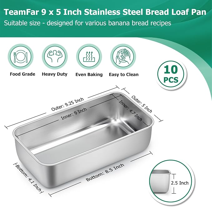 TeamFar Loaf Pans for Baking, 9 x 5 Inch Stainless Steel Loaf Bread Pans Tins for Homemade Bread/Brownies, Healthy & Sturdy, Oven & Dishwasher Safe - Set of 10