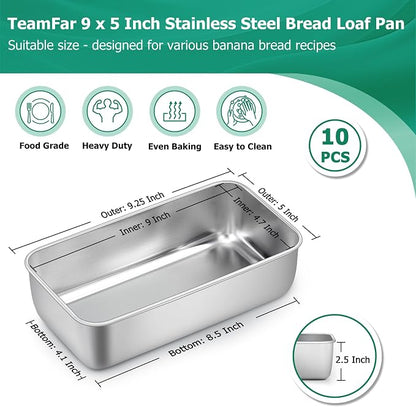 TeamFar Loaf Pans for Baking, 9 x 5 Inch Stainless Steel Loaf Bread Pans Tins for Homemade Bread/Brownies, Healthy & Sturdy, Oven & Dishwasher Safe - Set of 10