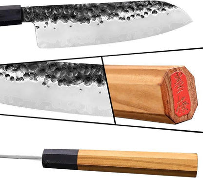 Santoku Knife 7 Inch, Japanese Hand Forged High Carbon Steel Kitchen Knife with Natural Olive Wood Octagonal Handle, Multipurpose Chef Knife for Slicing Dicing Mincing & Gift Box
