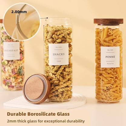 3 Pack Glass Canisters with Airtight Acacia Lids and 132 Kitchen Pantey Labels Preprint - 45 Fl Oz Borosilicate Glass Pantry Storage Jars Containers with Wooden Lids for Tea,Sugar,Cookie,Coffee,Nuts