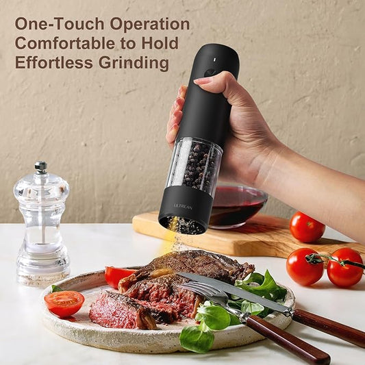 Ultrean Pepper Grinder, Rechargeable Salt and Pepper Grinder Set with 6 Adjustable Coarseness, LED Light, Automatic Grinder for Kitchen, House Warming Gifts New Home, White&Black