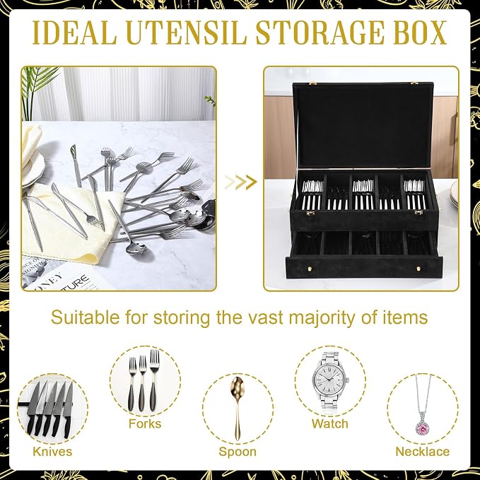 Pickmesh Silverware Case with Lid and Handle, Silverware Storage Box Sterling Silver Flatware Chest Without Silver Tarnish Proof Utensils Organizer for Kitchen Decor Wedding Gifts (Black,2 Layer)