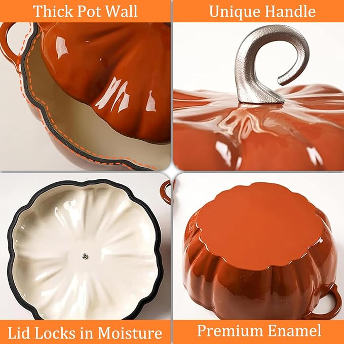 Pumpkin Cast Iron Dutch Oven, 4qt Pumpkin-Shaped Cocotte, Enamel Cast Iron Cooking Pot with Lid, Soup Pot - Serves 3-5, Christmas Thanksgiving Decor Gift, for Various Stoves