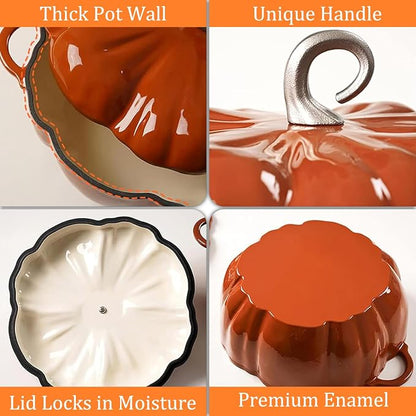 Pumpkin Cast Iron Dutch Oven, 4qt Pumpkin-Shaped Cocotte, Enamel Cast Iron Cooking Pot with Lid, Soup Pot - Serves 3-5, Christmas Thanksgiving Decor Gift, for Various Stoves