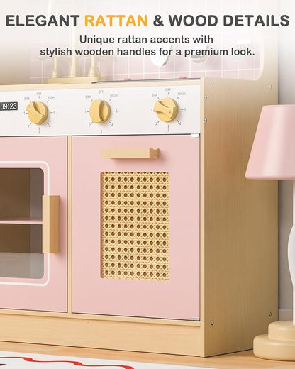 Babytronic Wooden Kitchen Playset for Kids - Pink Pretend Play Kitchen with Lights & Sounds, Retro Style Toy Kitchen for Toddlers Ages 3+, Wooden Play Kitchen Set with Realistic Design (Pink&Gold)