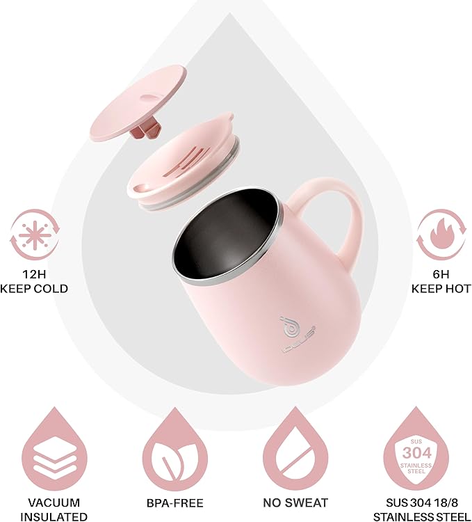 Ideus 16 oz Insulated Coffee Mug with Handle and Lid, Double Wall Stainless Steel Vacuum Thermal Coffee Mug, Travel Coffee Cup Thermal Cup for Home and Office, Sakura Pink