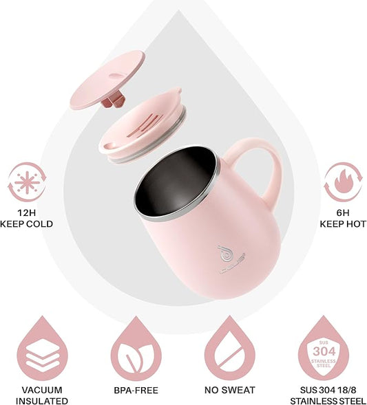 Ideus 16 oz Insulated Coffee Mug with Handle and Lid, Double Wall Stainless Steel Vacuum Thermal Coffee Mug, Travel Coffee Cup Thermal Cup for Home and Office, Sakura Pink