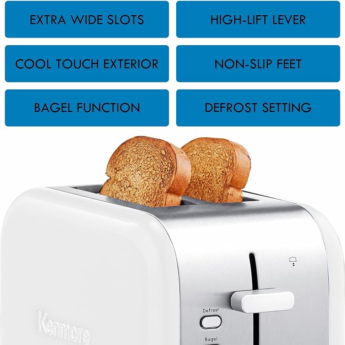 Kenmore 2-Slice Toaster, White Stainless Steel, Extra Wide Slots, Bagel and Defrost Functions, 9 Browning Levels, Removable Crumb Tray, for Bread, Toast, English Muffin, Toaster Strudel