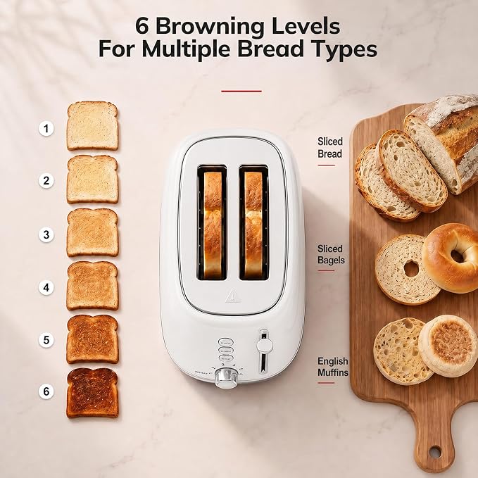 Keenstone Toaster 2 Slice, Retro Wide Slot Stainless Steel Toaster with 6 Browning Levels, Reheat & Defrost, for Bagel, Toast, Bread, Kitchen Essentials, Removable Crumb Tray, White