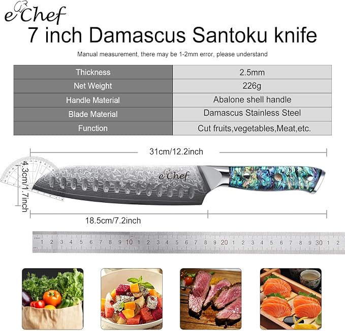 7-inch Hand-Forged Santoku Knife, Professional Chef's Knife, Made of VG10 Steel, Deep Sea Abalone Shell Handle, Damascus Sharp Kitchen Knife, Comes with Gift Box (7.2-inch Santoku Knife)