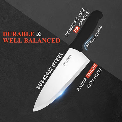 8 inch Japanese High Carbon Stainless Steel Chef Knife, Professional Extra Sharp Wide Cook Knife with Non-slip Ergonomic Handle, for Kitchen Home Restaurant