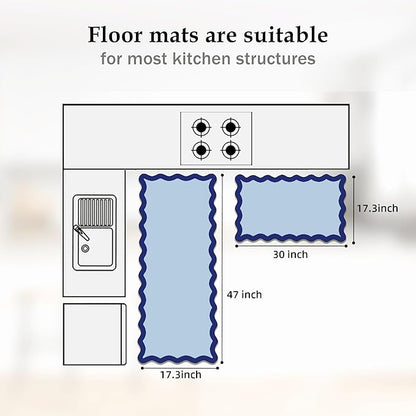 Arenarug Scalloped Navy Blue Kitchen Mats Rugs Sets of 2 Cushioned Anti Fatigue Floor Mat Waterproof Kitchen Rugs Non Slip Foam Comfort Standing Mat for Sink Laundry