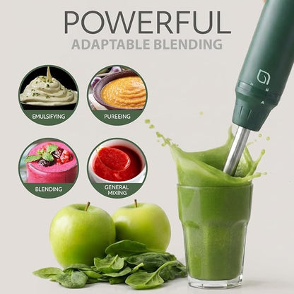 WILLOW Eco Series 5 Speed Immersion Blender Handheld, Powerful yet Quiet 500 Watt Electric Stick Blender with Turbo Mode & Removable Base, Hand Blender for Soup, Smoothie, 304 Stainless Steel - GREEN