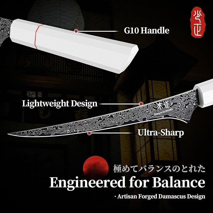 DRGSKL Damascus Fillet Knife 7 Inch - VG10 Razor Sharp Slicing Knife for Fish and Meat Trimming - Japanese G10 Handle - with Gift Box