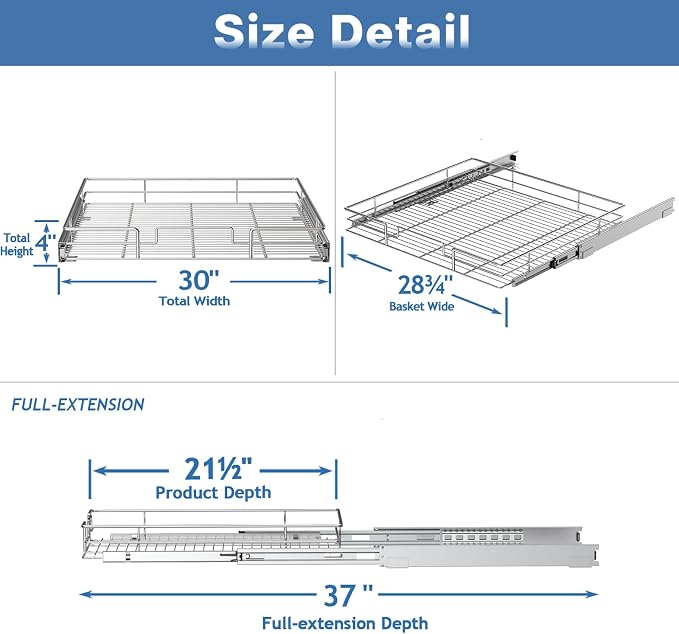 Pull Out Cabinet Organizer 30" W x 21½" D, Heavy Duty Cabinet Pull Out Shelves, Slide Out Drawers Organization for Kitchen Cabinets Bathroom
