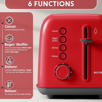 BUYDEEM DT620 2-Slice Toaster, 7 Shade Settings, Extra Wide 1.5'' Slots for Bagel & English Muffin, 6 Toasting Functions, Retro Stainless Steel Toaster with High Lift Lever, Red