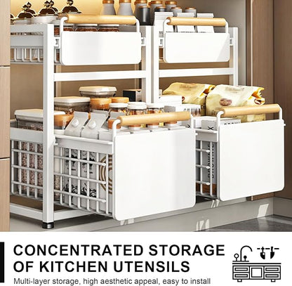 2 Tier Pull-out Storage Organizer, Slide Out Kitchen Cabinet Storage Sliding Shelves, Under Sink Organizers Drawer, Mesh Cabinet Basket with Handle for Bathroom, Home(White,Double Layer L)