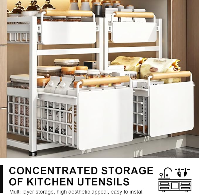 2 Tier Pull-out Storage Organizer, Slide Out Kitchen Cabinet Storage Sliding Shelves, Under Sink Organizers Drawer, Mesh Cabinet Basket with Handle for Bathroom, Home(White, Single Layer L)