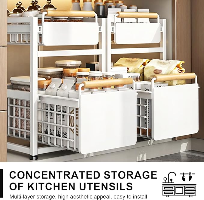 2 Tier Pull-out Storage Organizer, Slide Out Kitchen Cabinet Storage Sliding Shelves, Under Sink Organizers Drawer, Mesh Cabinet Basket with Handle for Bathroom, Home(Gray,Double Layer L)