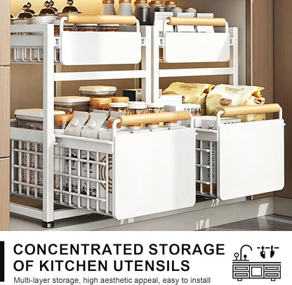 2 Tier Pull-out Storage Organizer, Slide Out Kitchen Cabinet Storage Sliding Shelves, Under Sink Organizers Drawer, Mesh Cabinet Basket with Handle for Bathroom, Home(Gray,Double Layer L)
