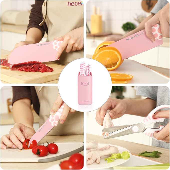 hecef Cute Kitchen Knife Set, Dishwasher Safe, 5-piece Non-Stcik Knives Set with Detachable Block and Scissors,Sharp for Chopping, Slicing, Dicing and Cutting (Pink)