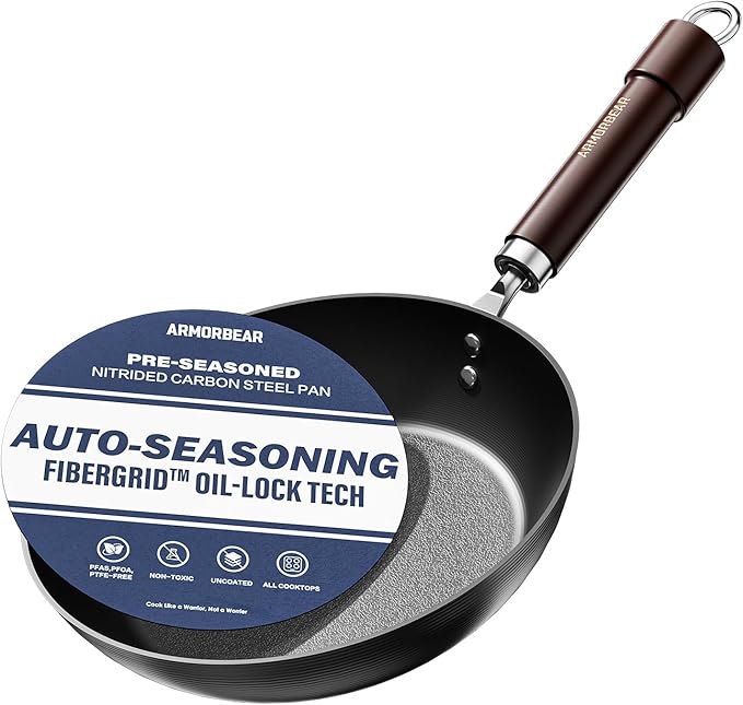 8 Inch Self-Seasoning Nitrided Carbon Steel Pan, Small Skillet for Eggs Camping and Individual Cooking Portions, Pre-seasoned, Wooden Handle, PFAS & PFOA-Free