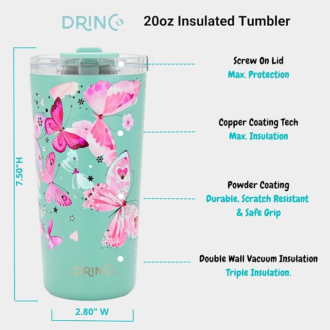 Drinco - 20 oz Stainless Steel Tumbler | Double Walled Vacuum Insulated Mug With Lid, 2 Straws, For Hot & Cold Drinks (20oz Butterfly)