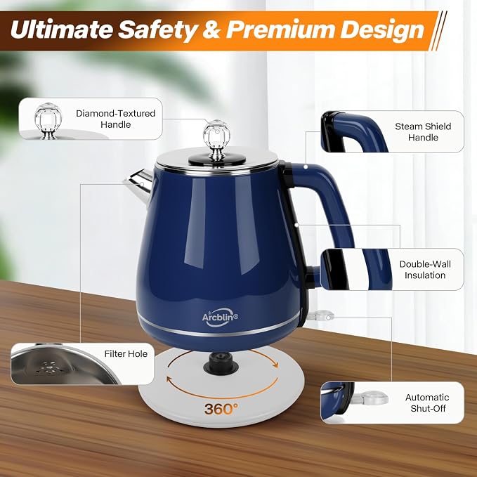 Vintage Electric Kettle 1.8L, All Stainless Steel Hot Water Electric Kettle for Boiling Water, 1350W Fast Boil BPA Free Tea Kettle, Electric Tea Kettles Automatic Shut Off, Boil-Dry Protection