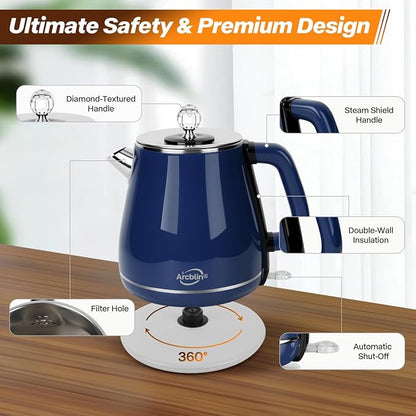 Vintage Electric Kettle 1.8L, All Stainless Steel Hot Water Electric Kettle for Boiling Water, 1350W Fast Boil BPA Free Tea Kettle, Electric Tea Kettles Automatic Shut Off, Boil-Dry Protection